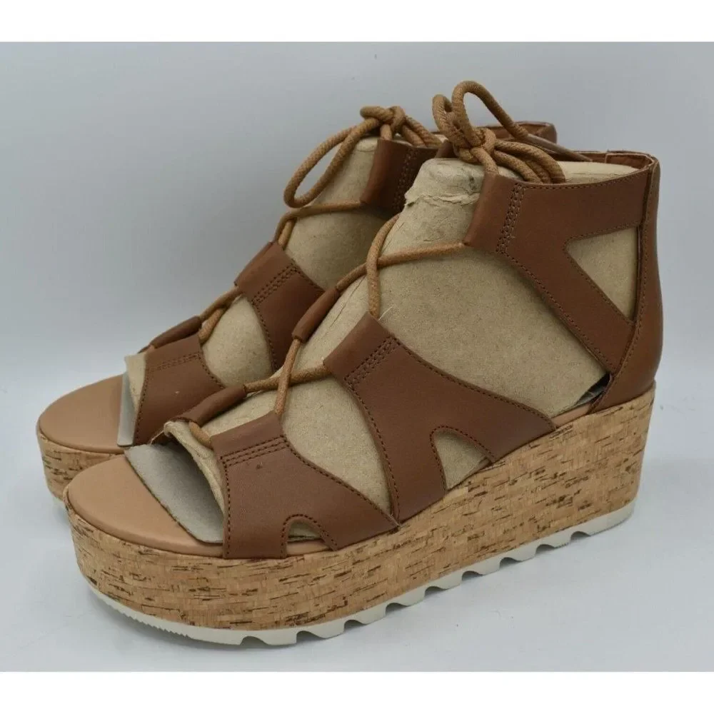 Sorel Women‎ Size 9 Cameron Flatform Leather Lace Up Wedge Platform Sandals